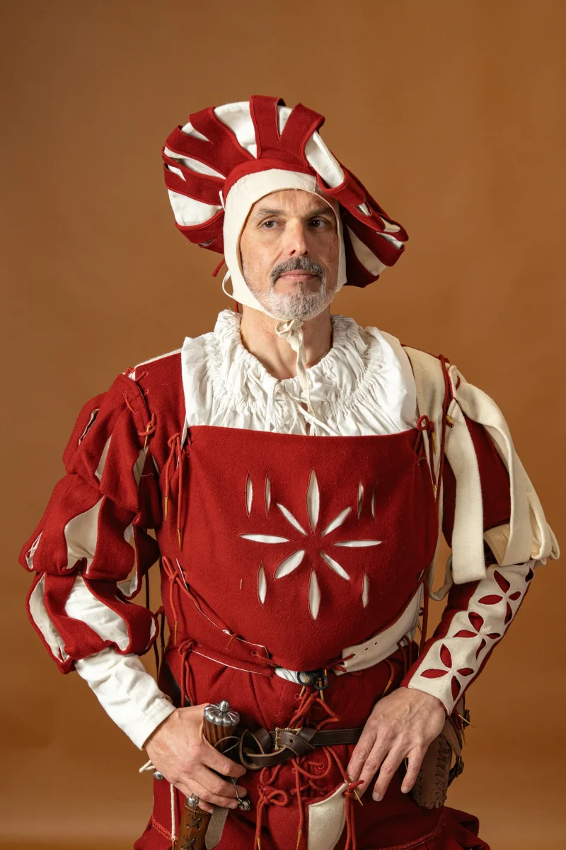 Landsknecht doublet Götz, wolmix, rood en wit