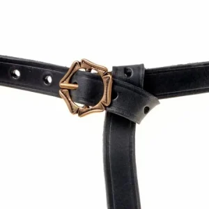 Middeleeuwse riem met vijfpasgesp, brons, zwart leer