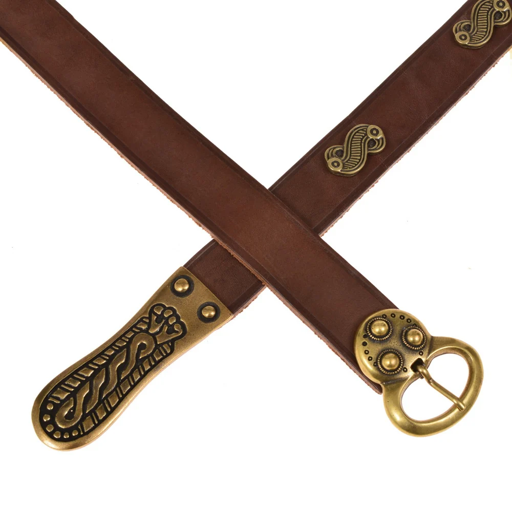 Merovingische riem met riemtong en beslag, bruin leer, verzilverd messing