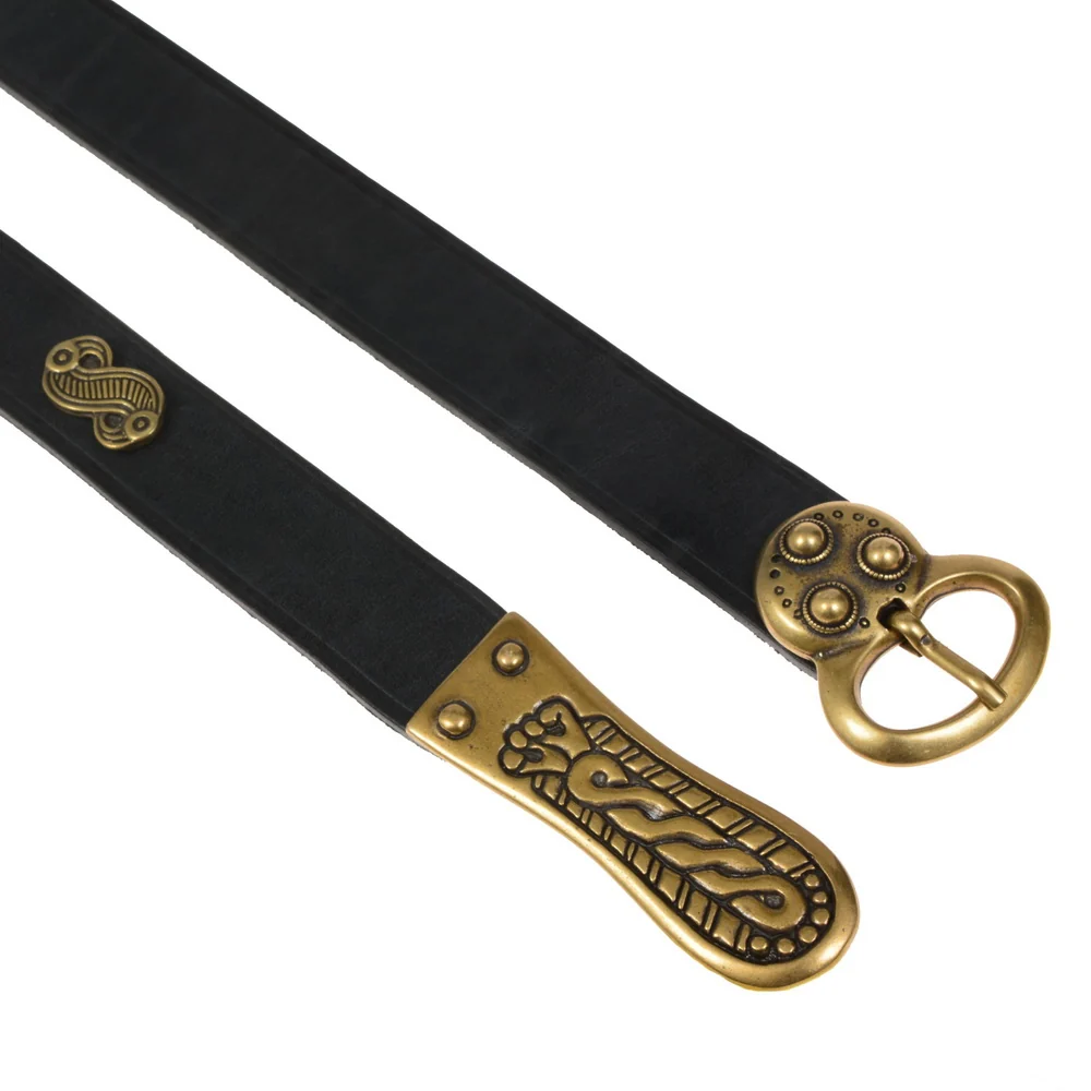 Merovingische riem met riemtong en beslag, zwart leer, verzilverd messing