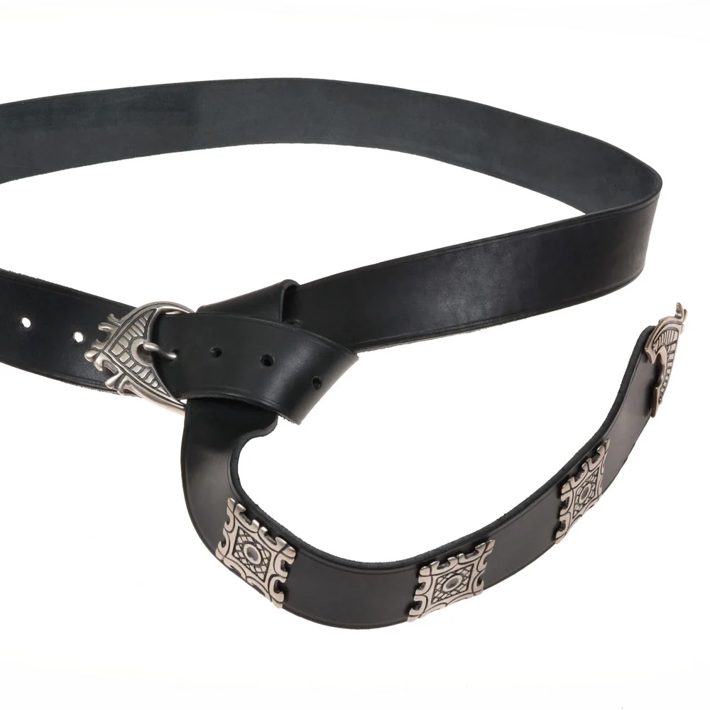 Brede middeleeuwse riem met riemtong en beslag, 12e eeuw, bruin leer, messing - Image 5